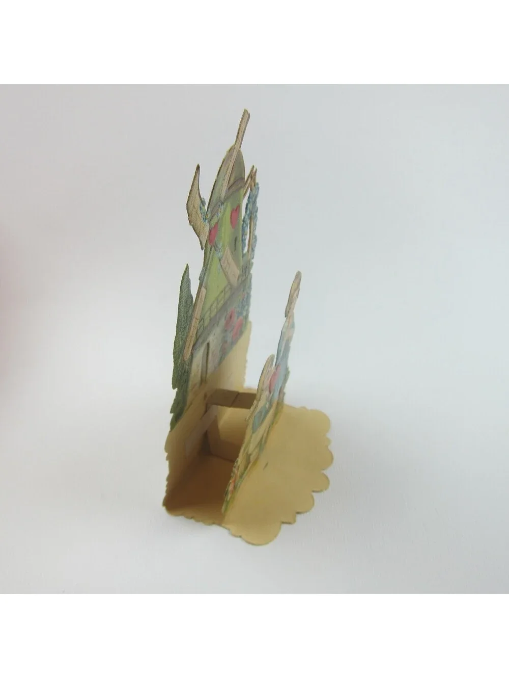 Vintage Valentine 3D Pop Up Die Cut Blonde Boy & Girl Blue Dress Green Windmill